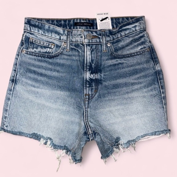 Lucky Brand High Rise Denim Shorts “So Lucky” Patch Raw Hem Size 4 / 27 - Picture 2 of 3